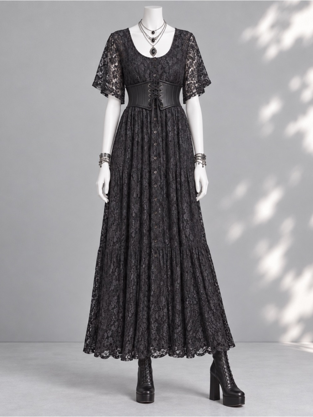 American Angel Vintage 90s Black Lace Maxi Dress M /L Whimsigoth Witchy Button